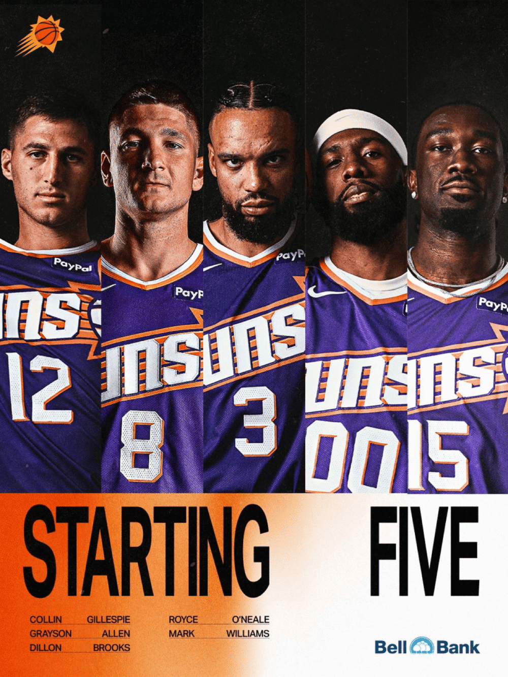 太阳首发:吉莱斯皮、阿伦、狄龙、奥尼尔、马克-威廉姆斯