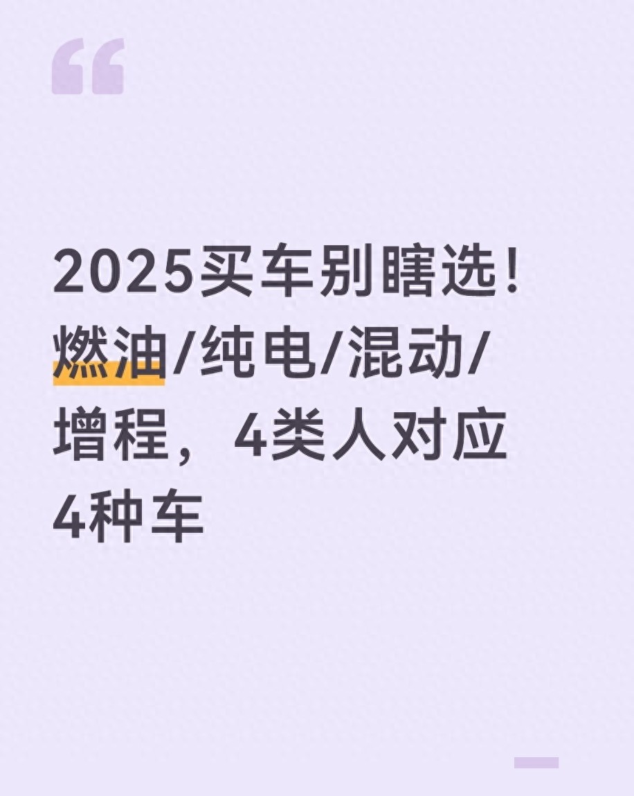 2025买车别瞎选!燃油/纯电/混动/增程,4类人对应4种车