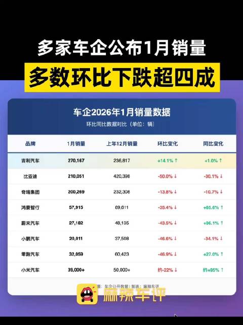 多家车企1月销量环比下跌超四成