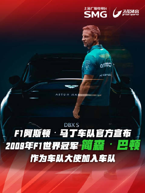 F1阿斯顿·马丁车队官方宣布：2009年F1世界冠军简森·巴顿作为车队大使加入车队