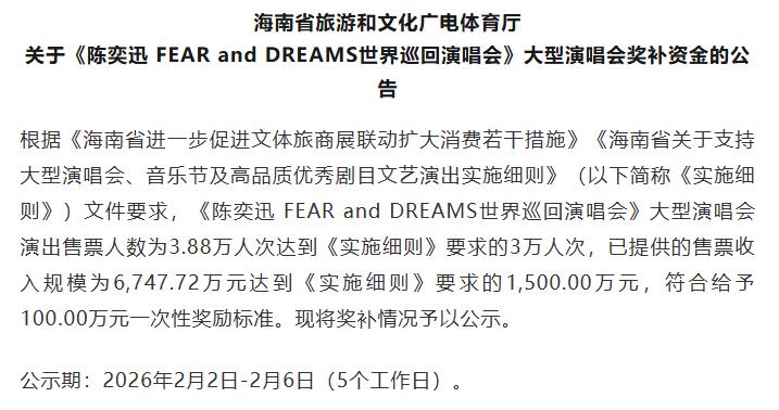 海南：奖励陈奕迅、张学友