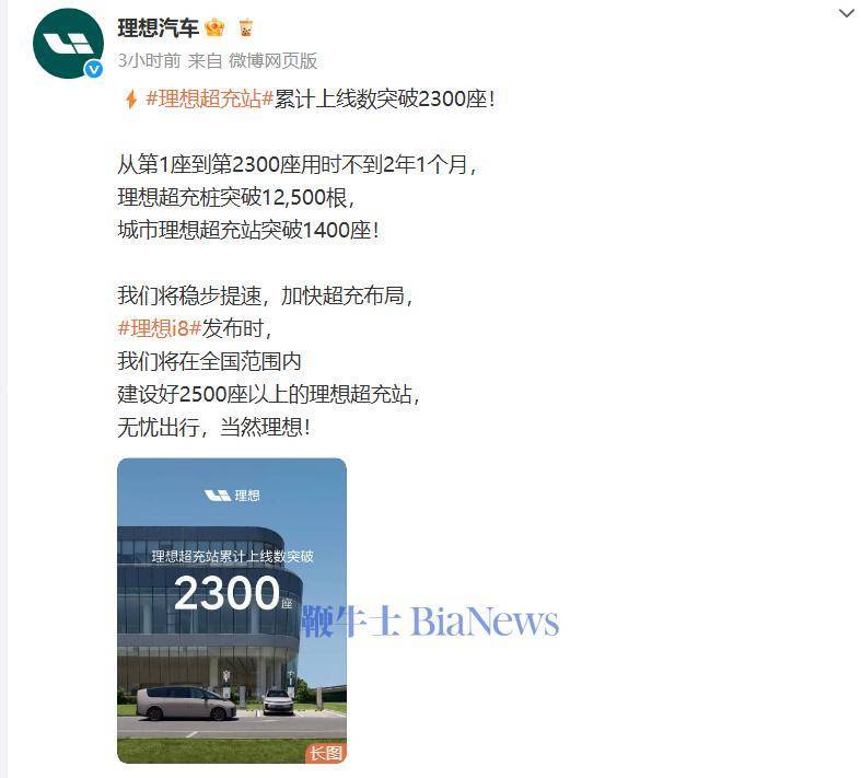 理想汽车周销量破0.9万辆，超充站数量迅猛增长突破2300座！