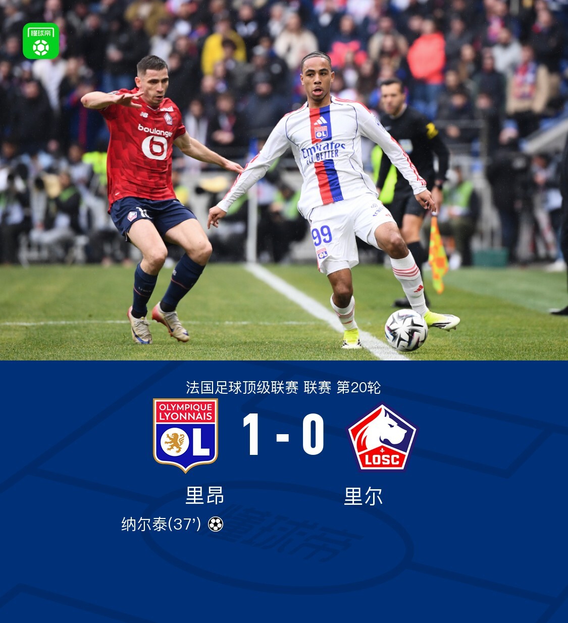 里昂1-0里尔,纳尔泰建功,恩德里克失良机