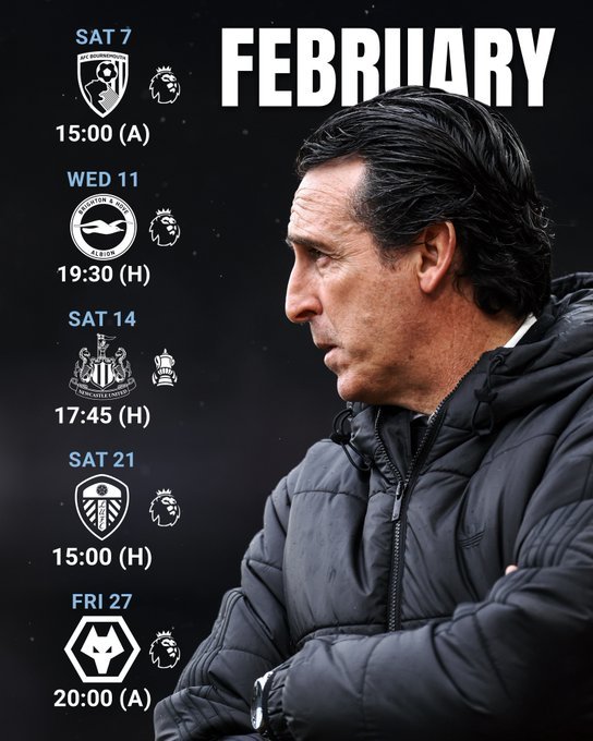 阿斯顿维拉二月赛程公布，将战伯恩茅斯、布莱顿等队