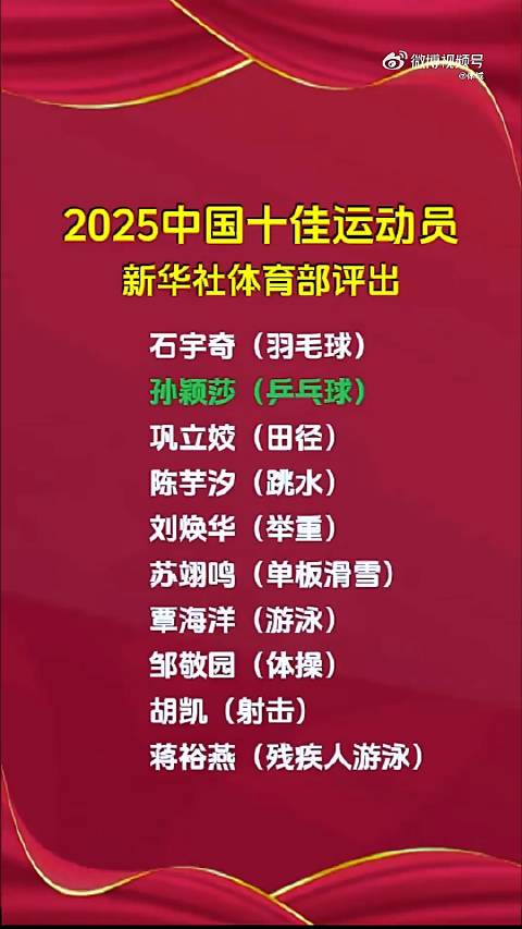 2025中国十佳运动员揭晓，石宇奇孙颖莎等入选
