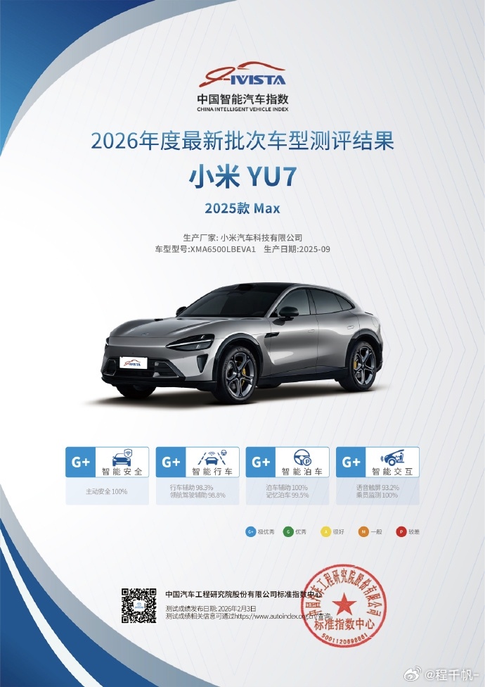小米YU7获汽研四大智能项极优评级，智能驾驶多次紧急救车