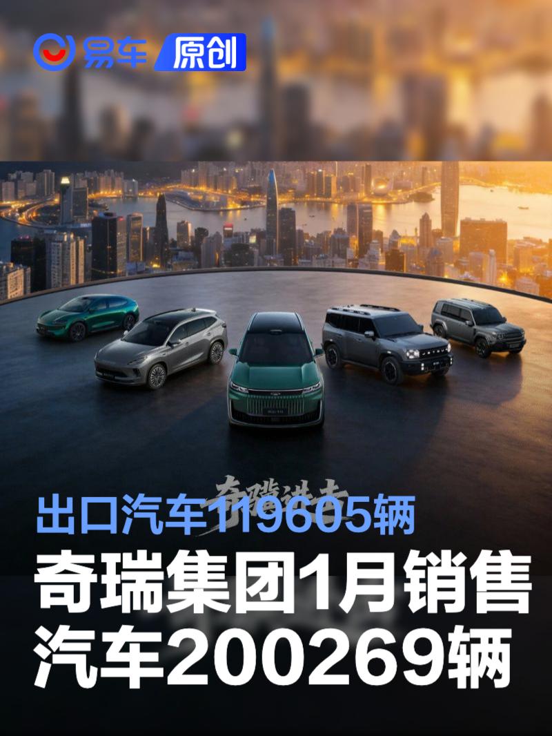 奇瑞集团1月销售汽车200269辆 出口汽车119605辆