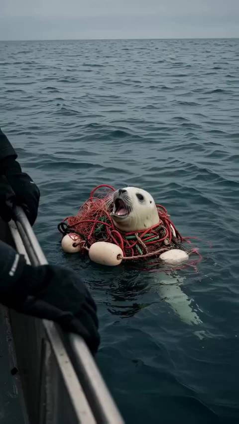 渔网缠身海狮获救,剪网除藤壶后合十致谢