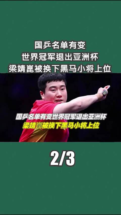 国乒名单有变！世界冠军退出亚洲杯：梁靖崑被换下，黑马小将上位2/3梁靖崑