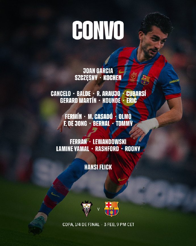 巴萨本轮国王杯大名单:佩德里、拉菲尼亚缺席!亚马尔、莱万在列