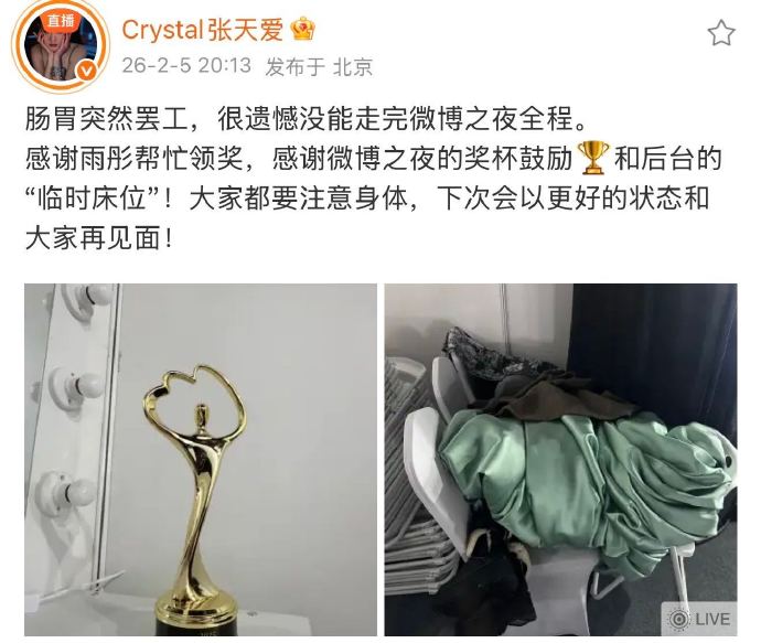 张天爱在微博之夜具体因何种身体不适被紧急送医？