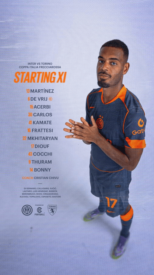 国米vs都灵首发：图拉姆、邦尼出战，劳塔罗、巴斯托尼替补