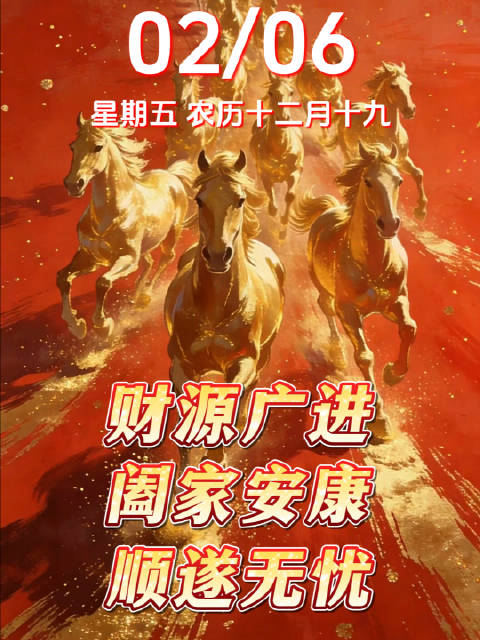 早晨！今日是2月6日，星期五，愿您财源广进、阖家安康、顺遂无忧！