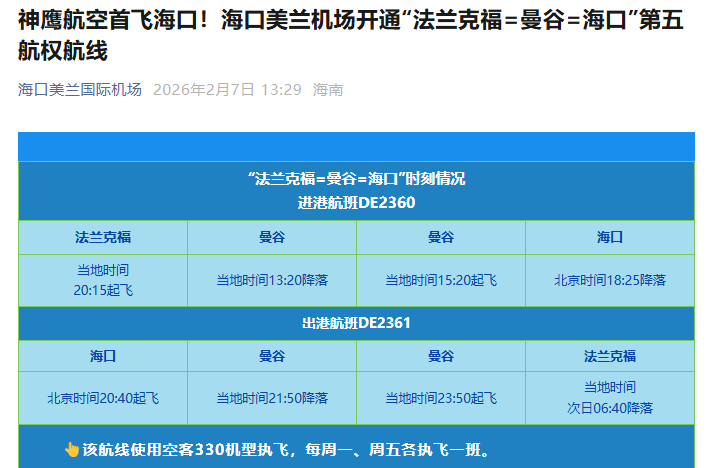 海口开通2026年首条第五航权客运航线，法兰克福经曼谷飞往海口