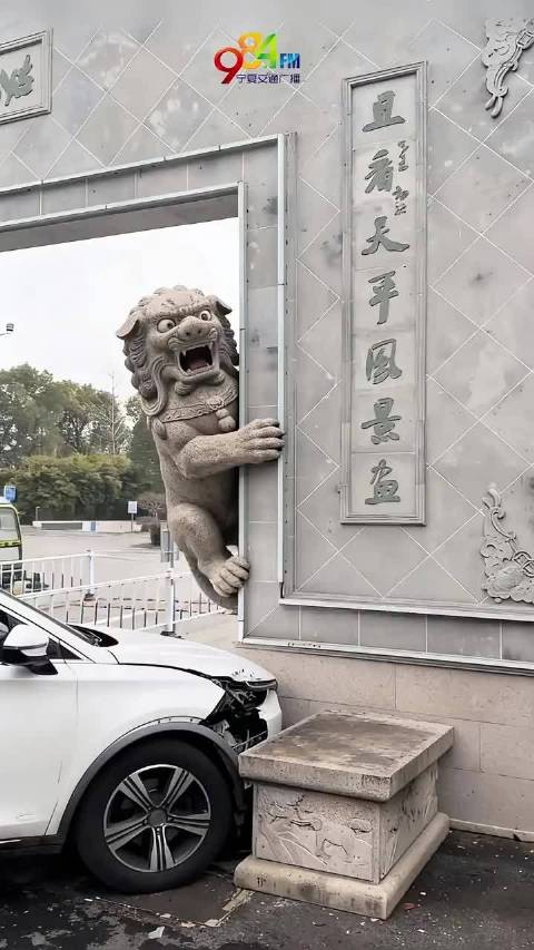 当白色轿车撞上石狮子，网友们的想象力就此开启