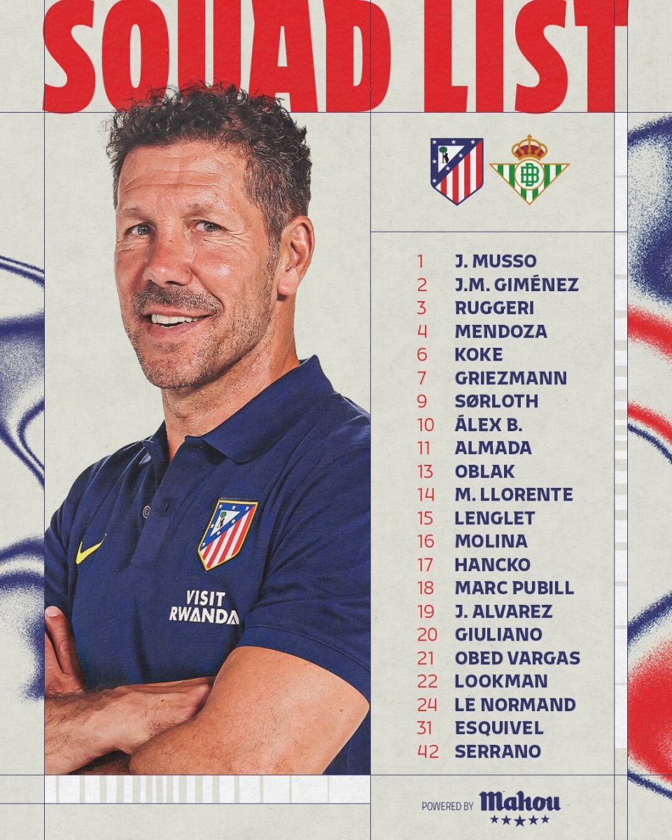 马竞本轮西甲大名单：巴里奥斯伤缺！格列兹曼、卢克曼在列