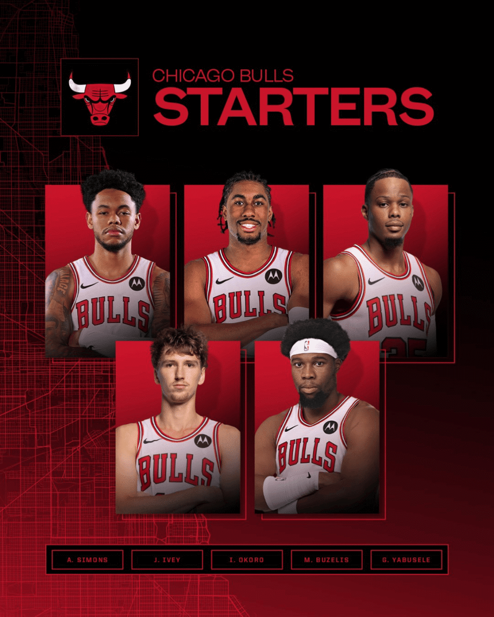 公牛首发：西蒙斯、艾维、奥科罗、布泽利斯、亚布塞莱