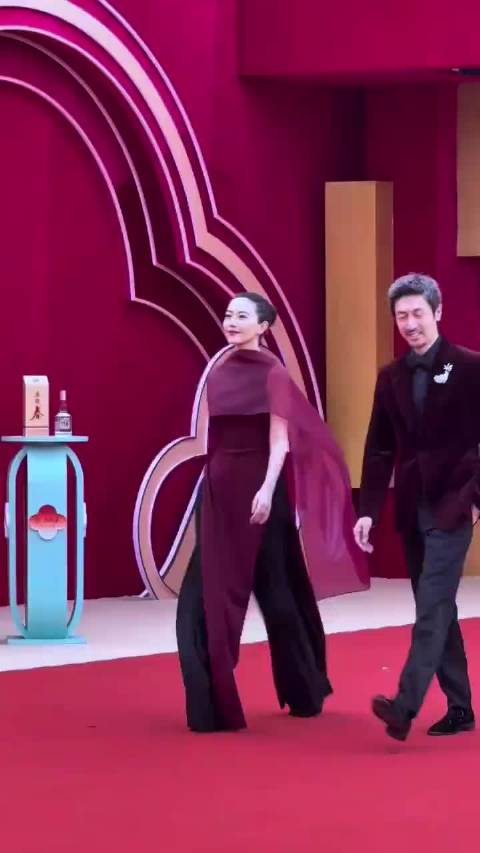 高圆圆46岁衣品出众，酒红纱衣亮相电视剧盛典