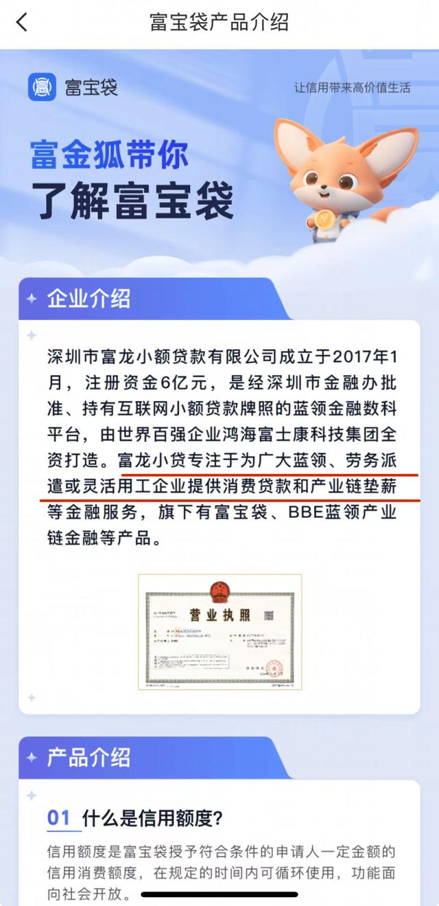 富宝贷APP显示，富龙小贷主要客群为蓝领、劳务派遣和灵活用工企业 富宝贷APP截图