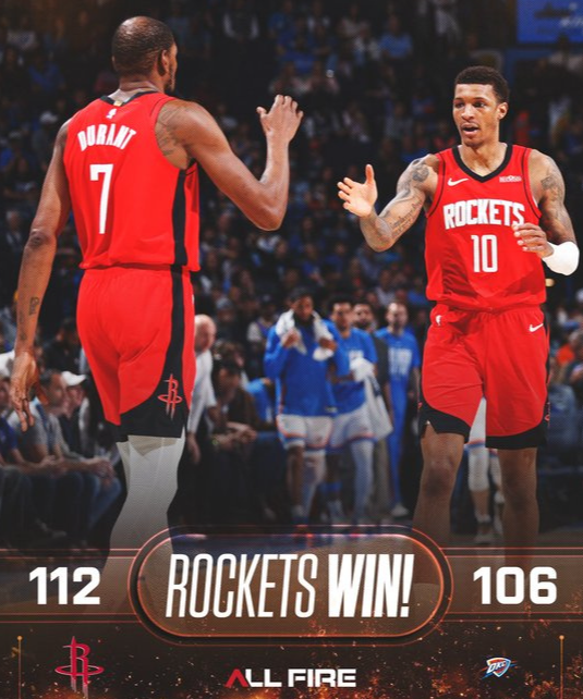 火箭逆转雷霆!杜兰特20分,申京17+12+11,伊森26+8!