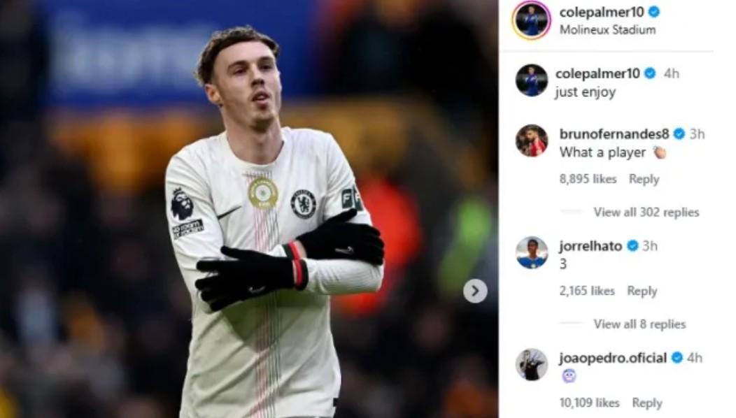 帕尔默社媒庆祝帽子戏法，B费留言：多么出色的球员