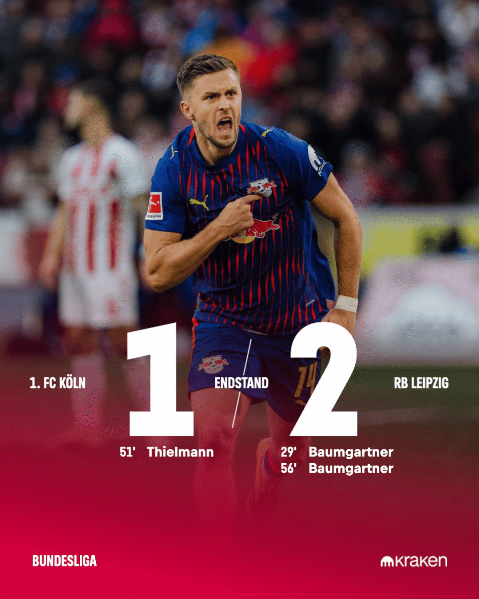 莱比锡2-1客胜科隆终结2轮不胜，鲍姆加特纳梅开二度