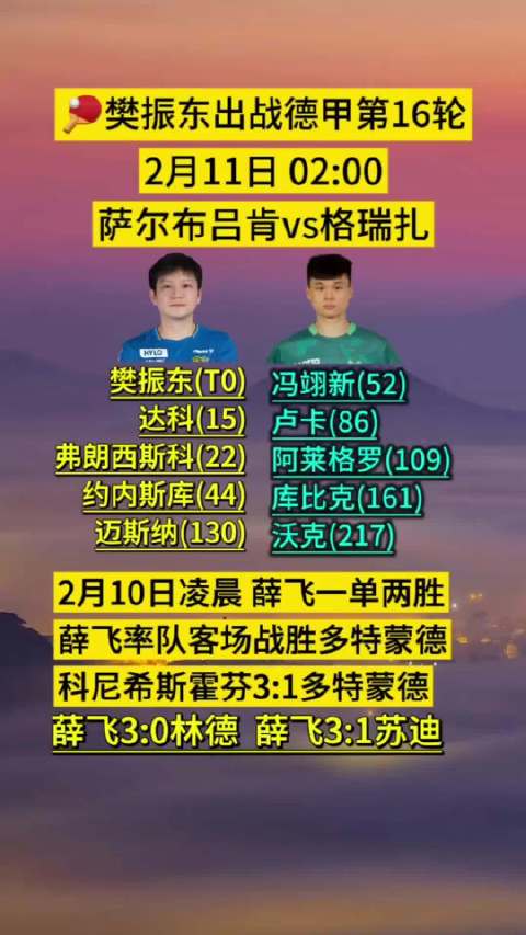 樊振东出战德甲第16轮，萨尔布吕肯对阵格瑞扎