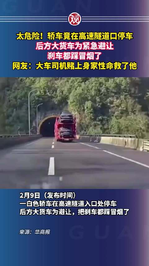 轿车高速隧道口急停致货车避让惊险