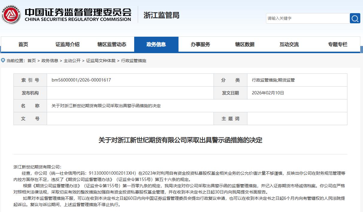 新世纪期货及总经理汪一青被警示：内控存不足
