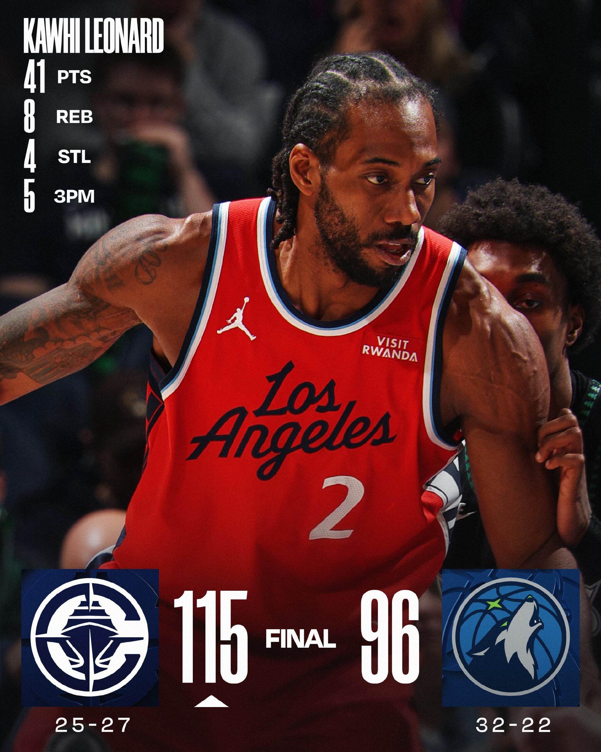 快船大胜森林狼!伦纳德41分8板4断,4次40生涯新高,华子仅23分