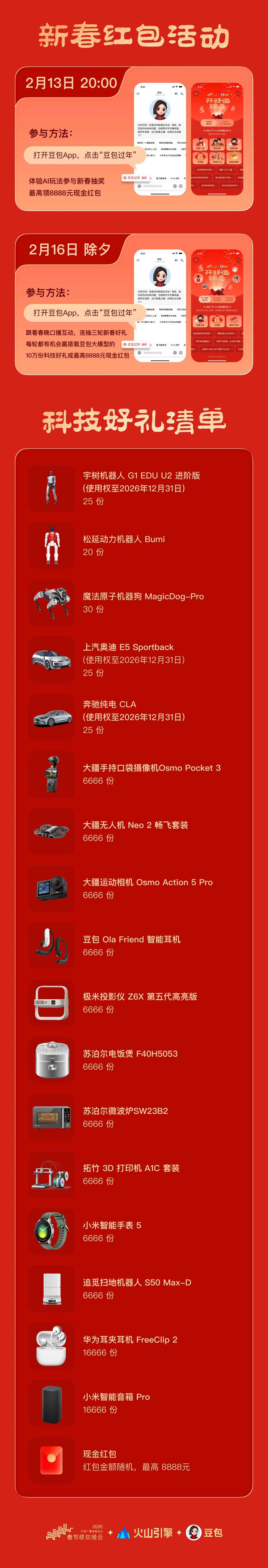豆包正式加入春节AI红包大战！将送出机器人等10万份科技大礼