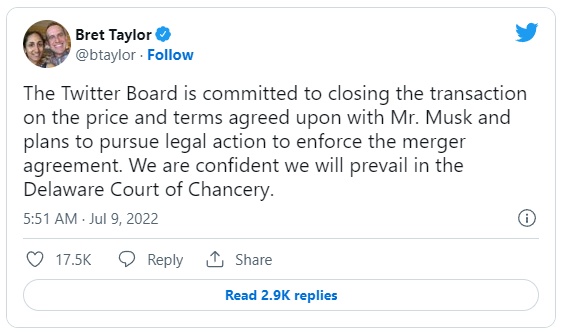 马斯克终止收购推特(TWTR.US)!推特回应：将采取法律行动