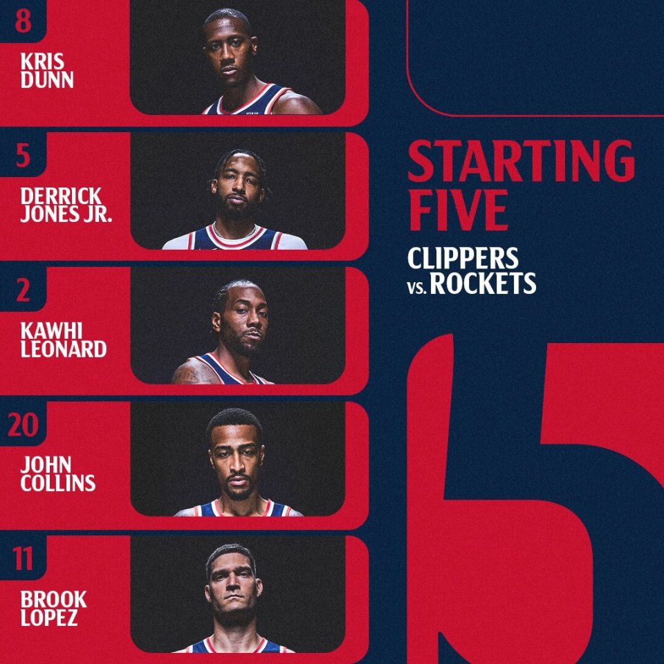 快船公布对阵火箭首发阵容 伦纳德领衔五虎出战