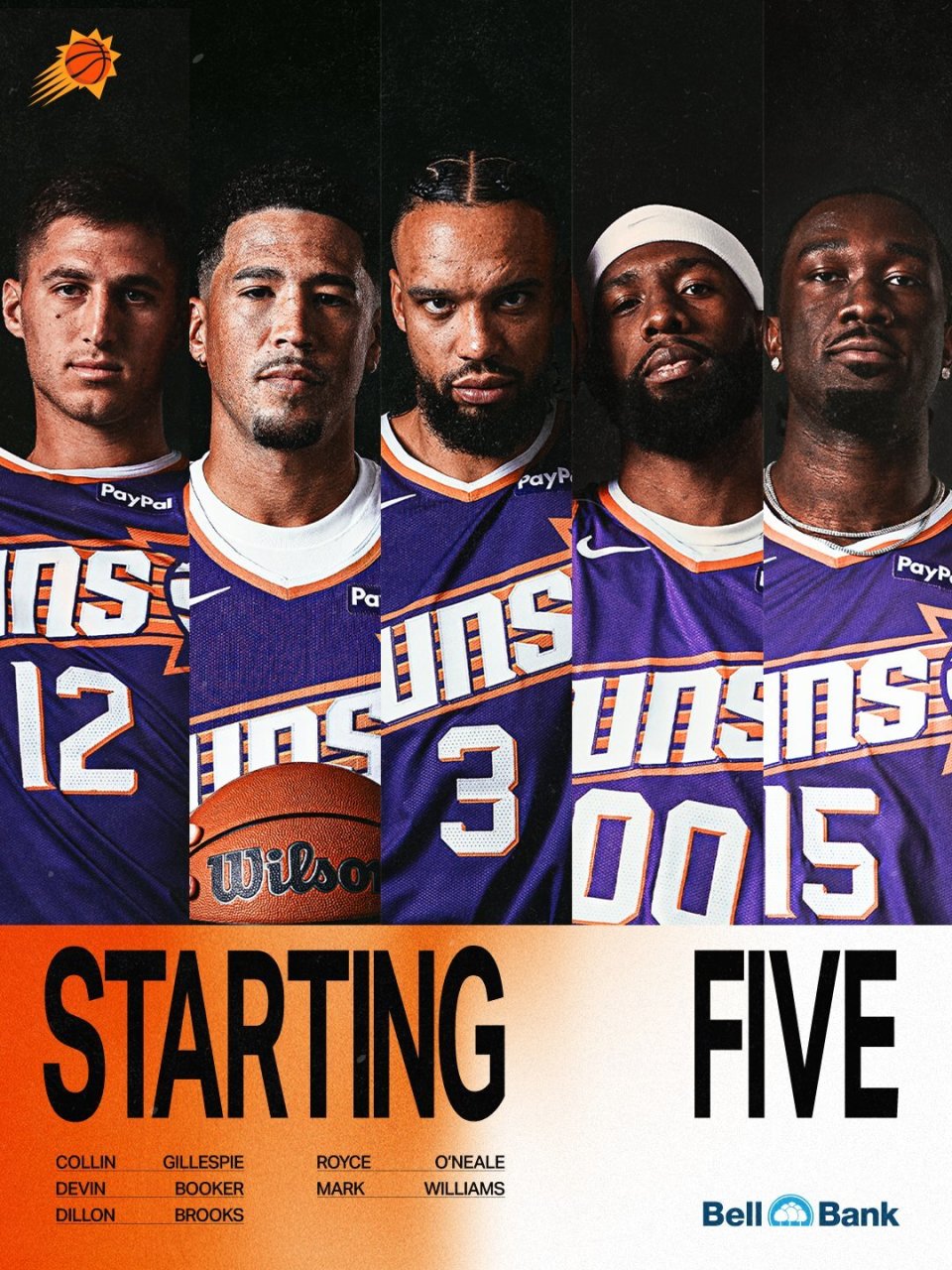 太阳首发：吉莱斯皮、布克、狄龙、奥尼尔、马克-威廉姆斯