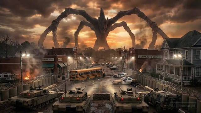 AI版《怪奇物语 》第五季最终战，把战斗场景放在了霍金斯小镇，损伤更惨烈了