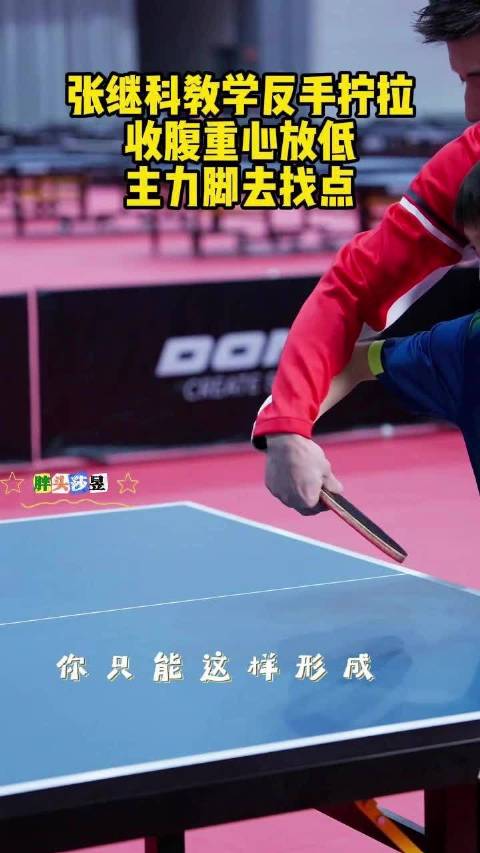 张继科教学反手拧拉，收腹重心放低，主力脚去找点