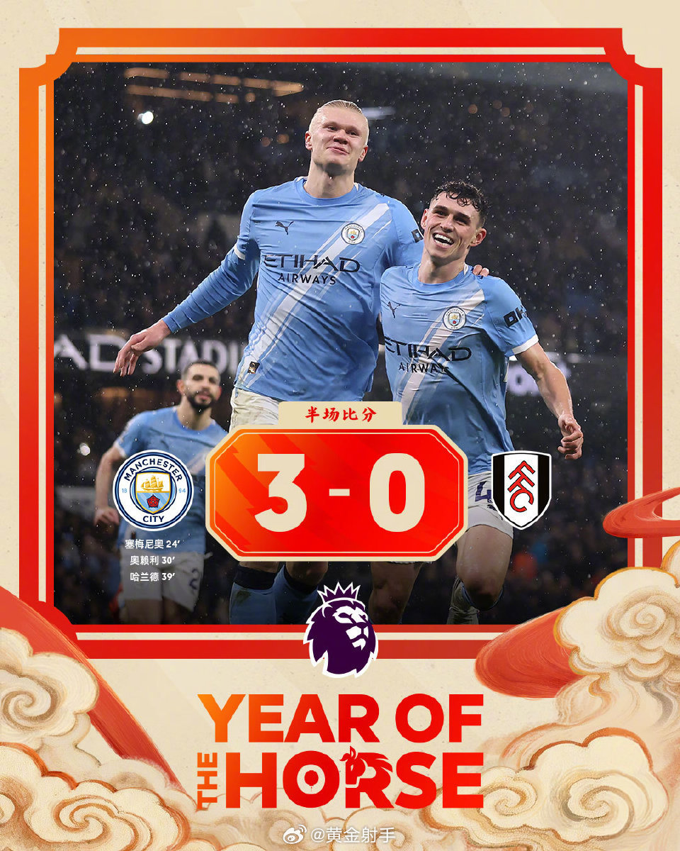 曼城半场3-0领先富勒姆，塞梅尼奥、奥赖利、哈兰德连破门
