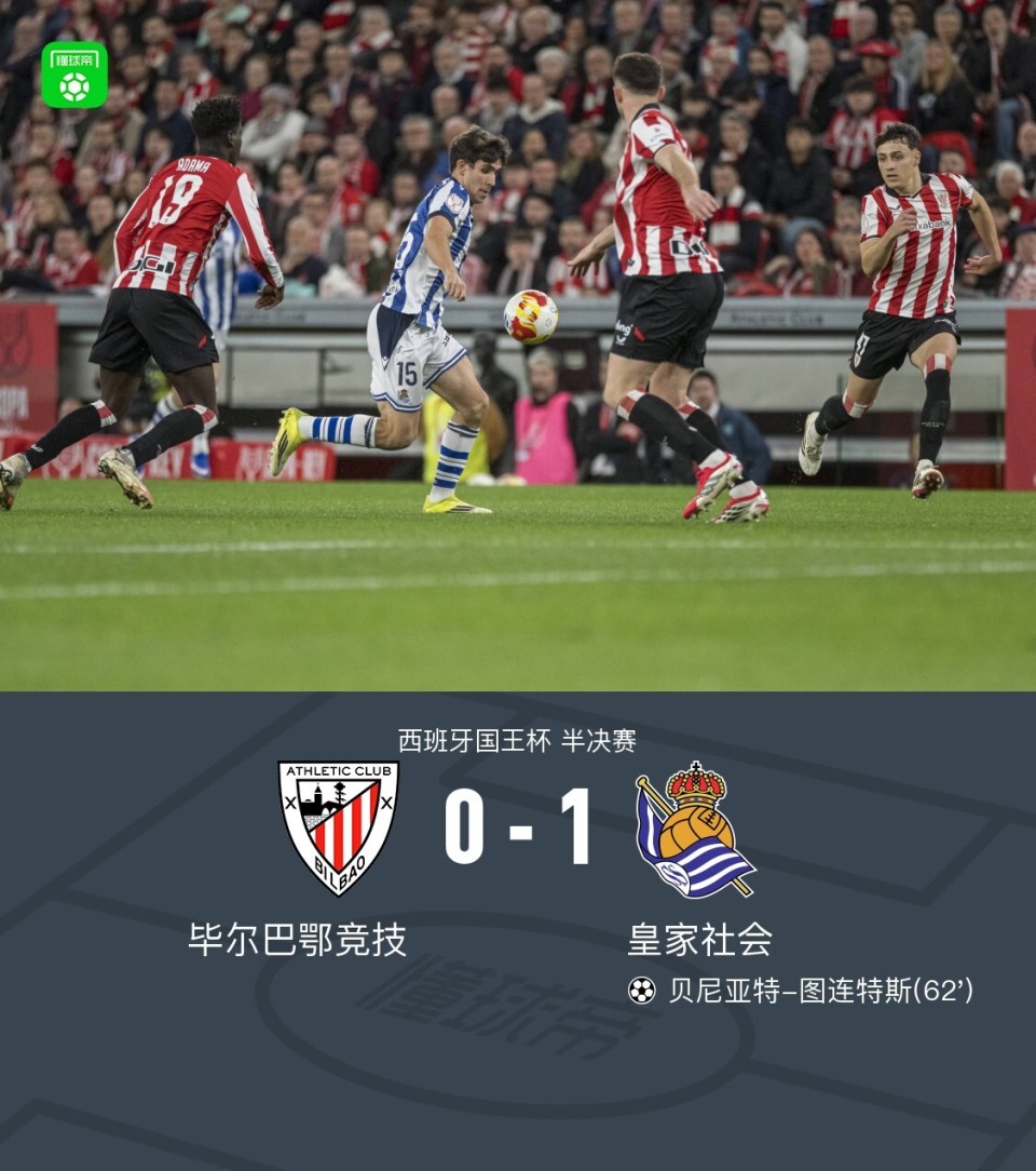 国王杯：毕尔巴鄂0-1皇家社会，图连特斯破门，马林门前一米中柱