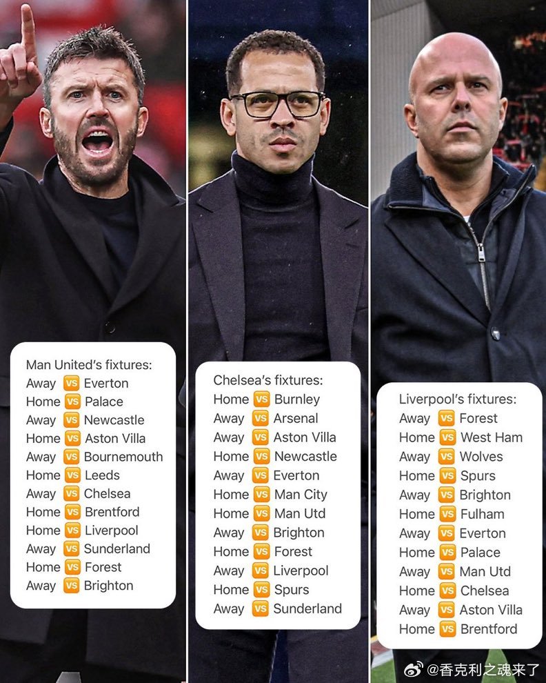 曼联、切尔西、利物浦公布各6主6客赛程