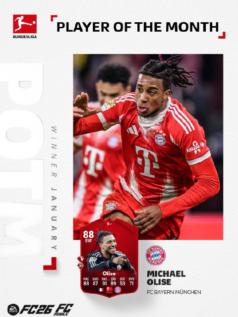 拜仁边锋奥利塞当选德甲1月最佳球员，3球7助创纪录