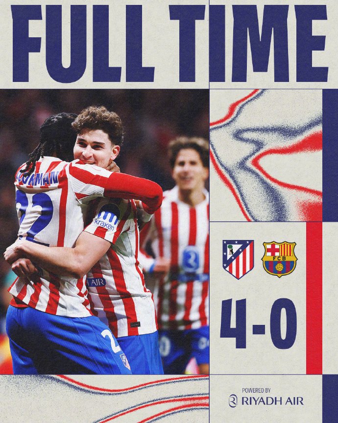 马竞4比0巴萨占先机，格列兹曼弑旧主埃里克染红