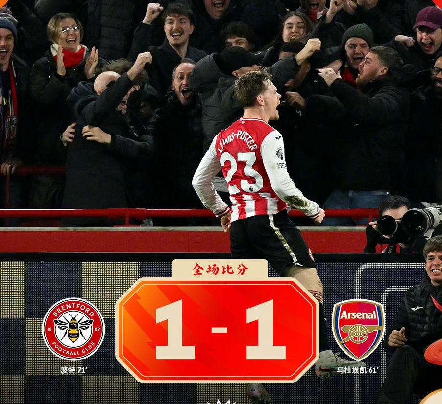 热闻|马杜埃凯破门，波特扳平！布伦特福德1-1阿森纳送曼城大礼