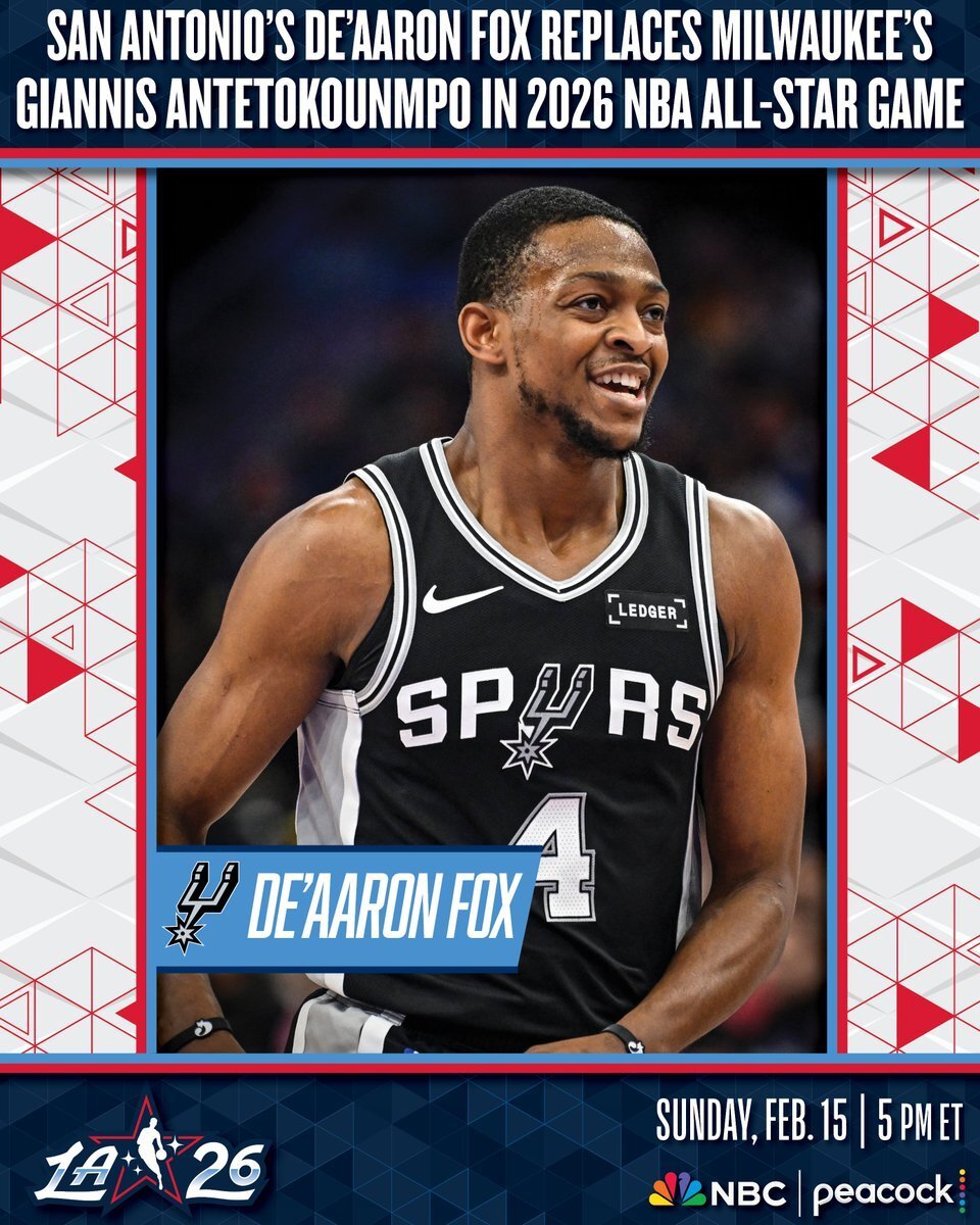 官方：马刺后卫福克斯顶替字母哥参加2026全明星赛