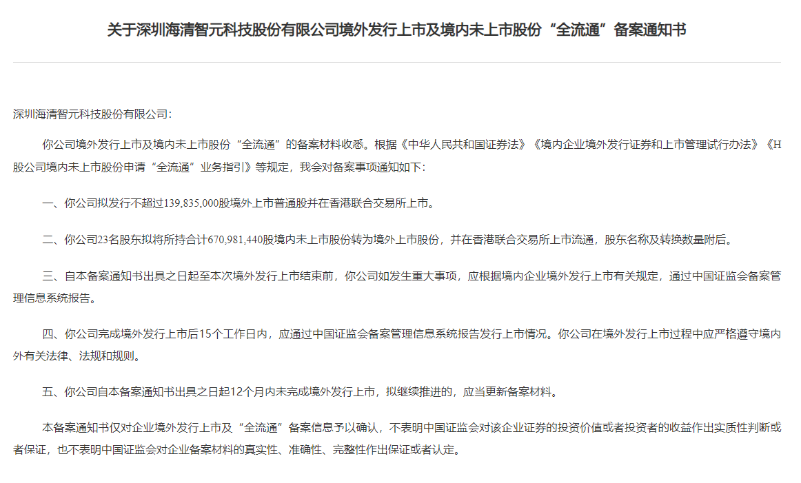 新股消息 | 海清智元港股IPO及境内未上市股份“全流通”获中国证监会备案