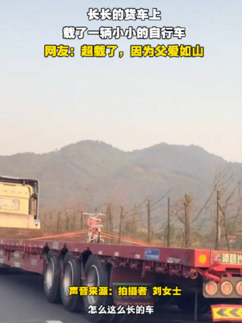 长长的货车上 载了一辆小小的自行车 网友：超载了，因为父爱如山