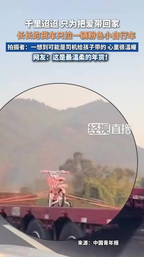 长长的货车只拉一辆粉色儿童自行车