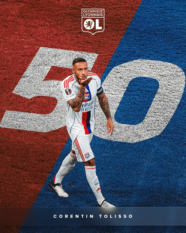 托利索达成里昂生涯50球里程碑，俱乐部官方发布纪念海报