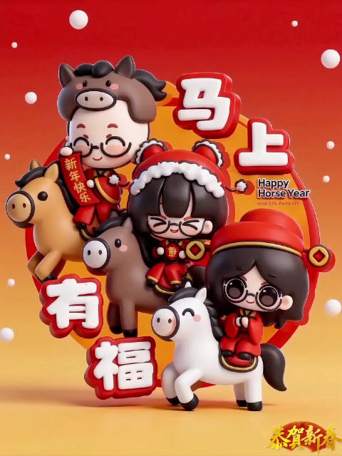 一家三口策马拜年送马年祝福