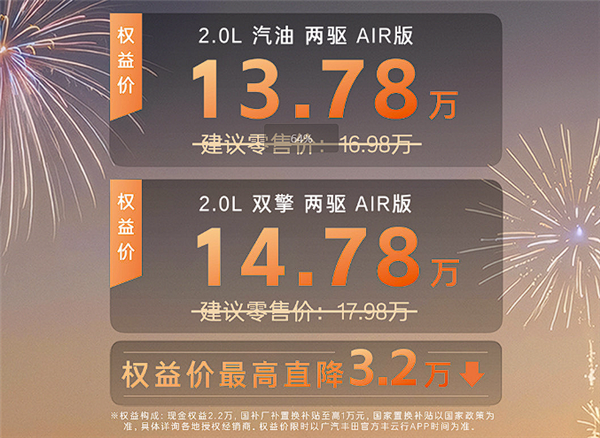 广汽丰田推威兰达AIR版：13.78万起，直降3.2万，配TSS 4.0与三动力