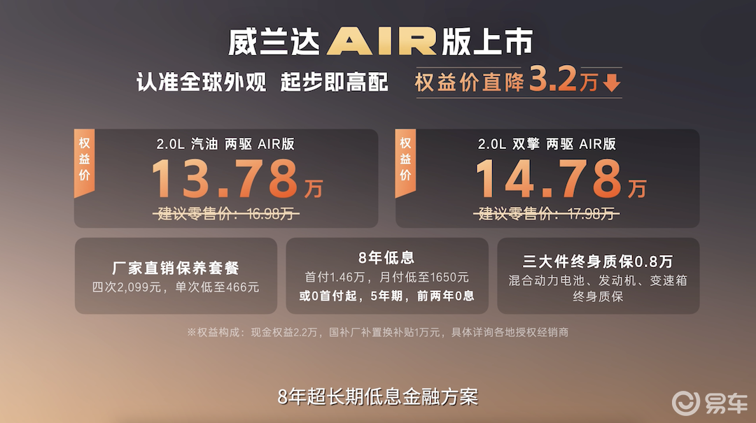 全新换代威兰达AIR版上市售13.78万起 配置拉满